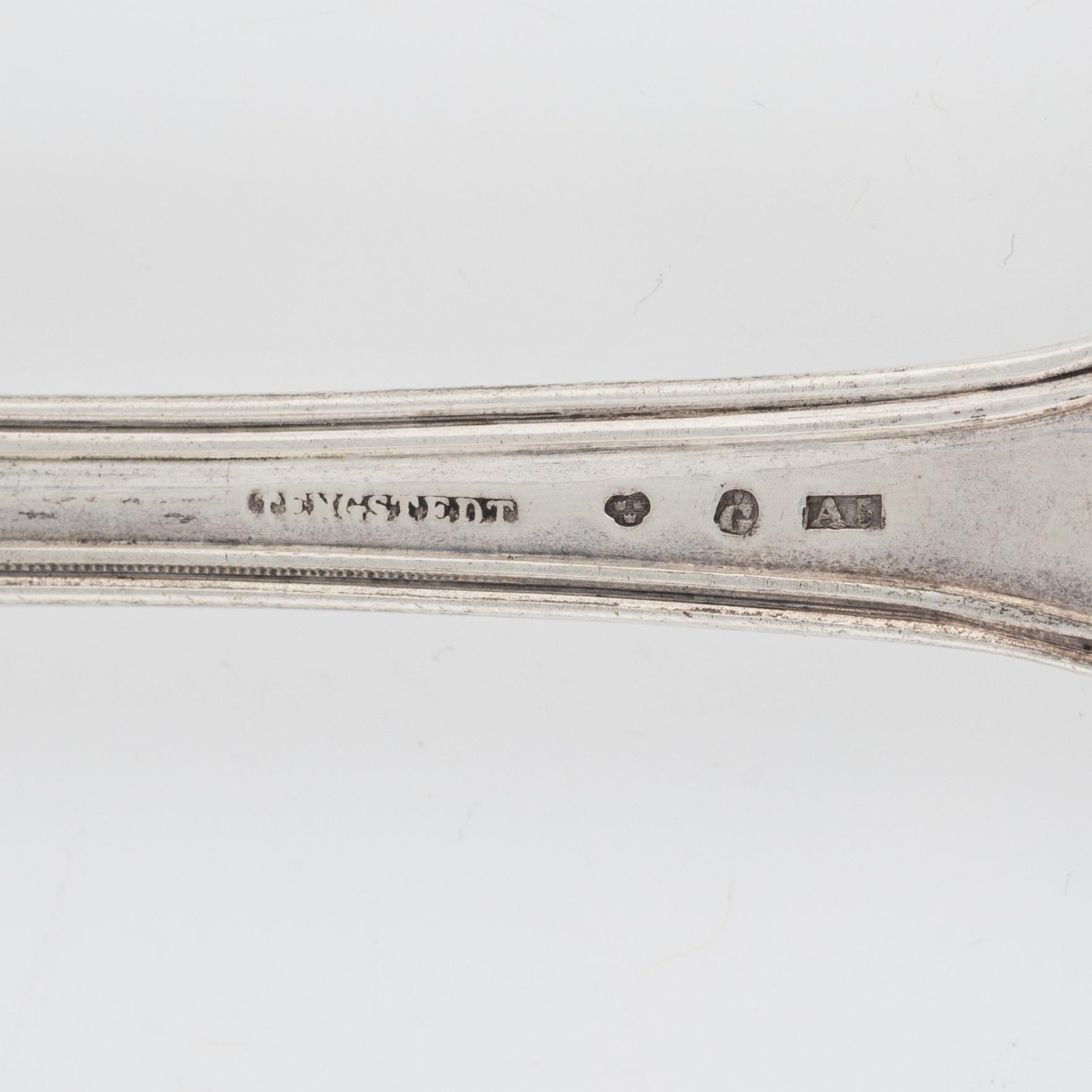 6 Swedish silver forks and a serving spoon, including Carl Tengstedt, Gothenburg, 1855.