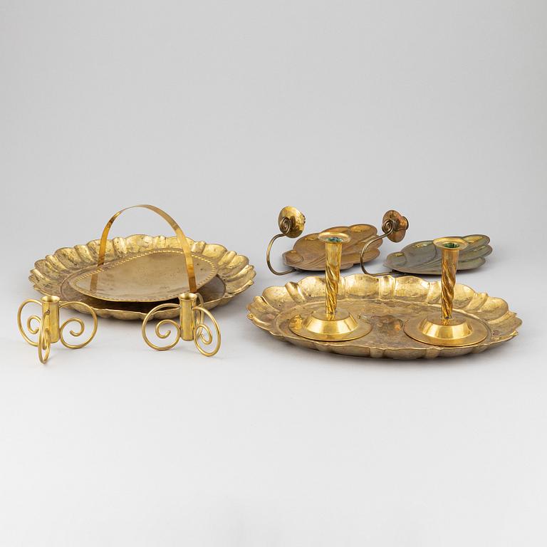 Lars Holmström, three brass trays, two pairs of candle holders and a pair of sconces, Firma LArs Holmström, Arvika.
