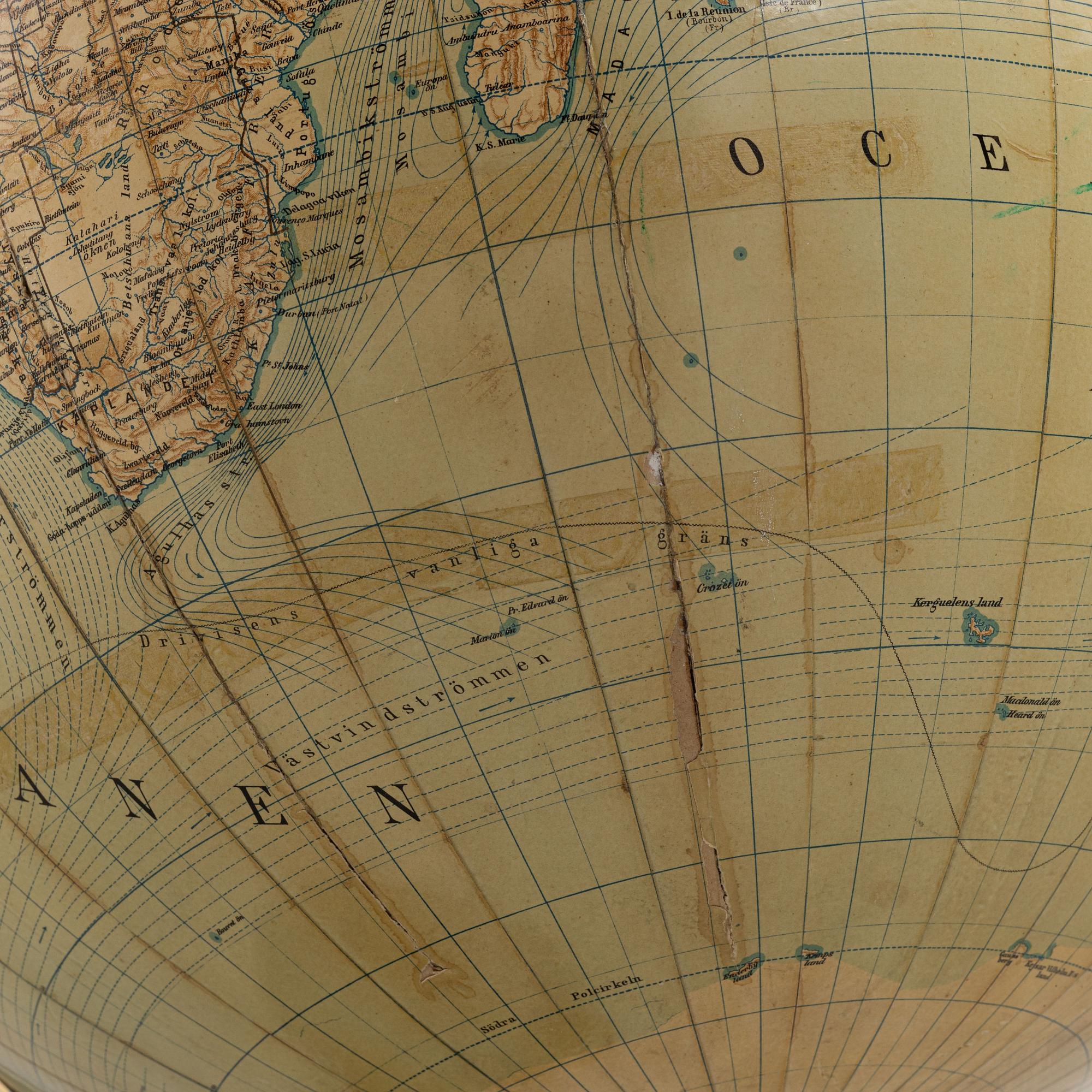 A globe by H.Keipert & ARvid Kempe, Wahlström & Widstrand, Stockholm, Sweden, 1909.