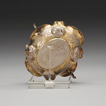 A German mid 17th century parcel-gilt sweetmeat-dish, unidentified makers mark, Nürnberg 1645-1651.