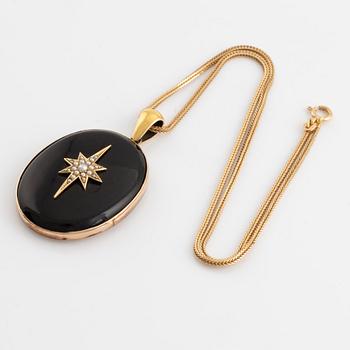 Black stone and seed pearls locket, with chain.