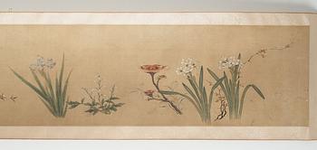RULLMÅLNING, akvarell och tusch på silke. efter Wang Guxiang (1501-1568), troligen Qing dynastin (1644-1912).