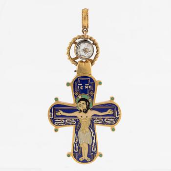 Cross 18K gold with enamel and white stone with relic compartment.