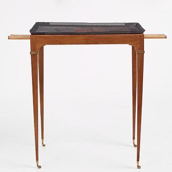 A late Gustavian tôle-peinte and mahogany tray-table from the workshop of Georg Haupt, Stockholm, late 18th century.