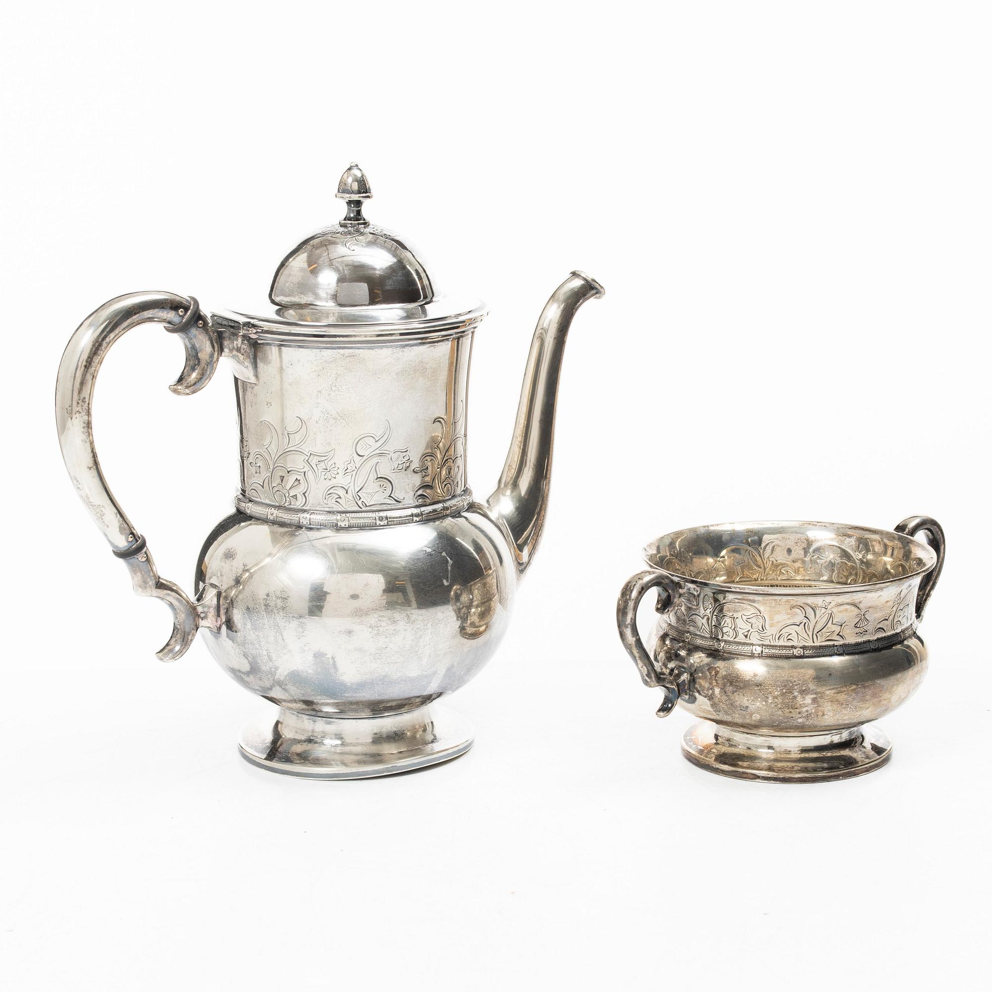 David Andersen, kaffekanna samt sockerskål, silver, Olso, Norge, omkring år 1900.