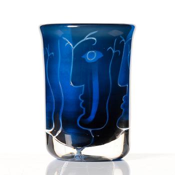 Ingeborg Lundin, a blue ariel glass vase 'Ansikten' (Faces), Orrefors, Sweden 1974.