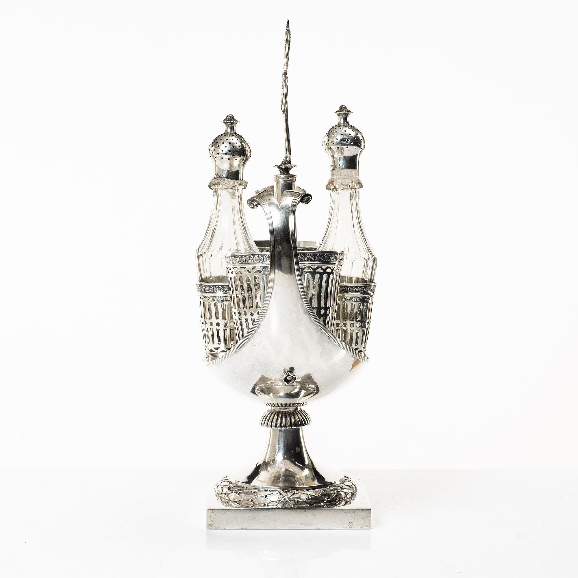 A Swedish late Gustavian silver and glass cruet-set, mark of Pehr Zethelius, Stockholm 1798.