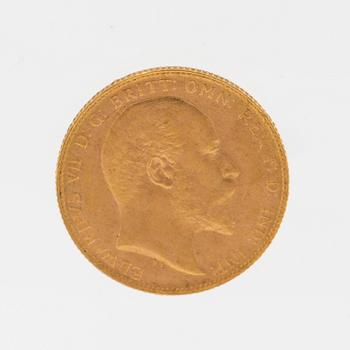 Gold coin Edward VII Great Britain 1908.