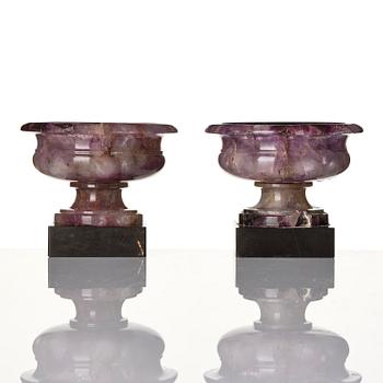 A pair of 'Blue John' feldspar salts, 19th century.