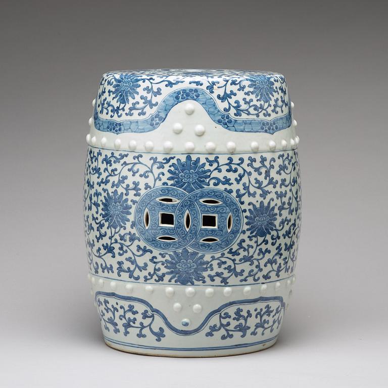 A blue and white garden seat, Qing dynasty, 19th Century.