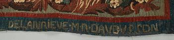 A TAPESTRY, tapestry weave, ca 299,5 x 212,5 cm, signed FOVRUIERES, 
DELANRIEVE.M.R.DABUSSON, Aubusson 17th century.