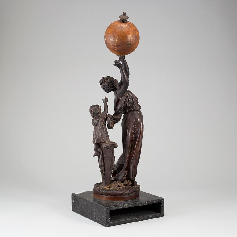 UNKNOWN ARTIST,SCULPTURE and A TERRESTRIAL GLOBE by E. Bertaux, Paris. Ca 1900.