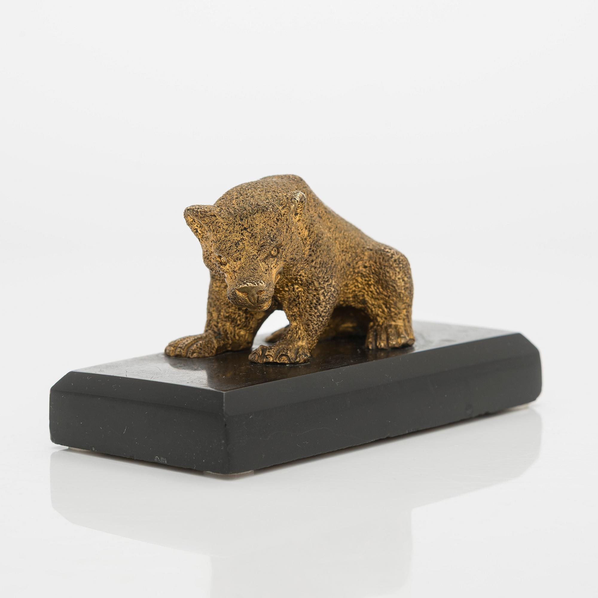 A Russian bronze paper weight on a stone base, latter half of the 19th century.