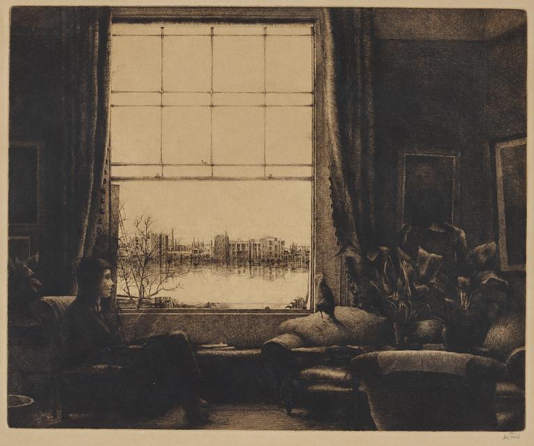 AXEL FRIDELL, drypoint, signed Axel Fridell in pencil. Executed in London 1926-27. "The Window".