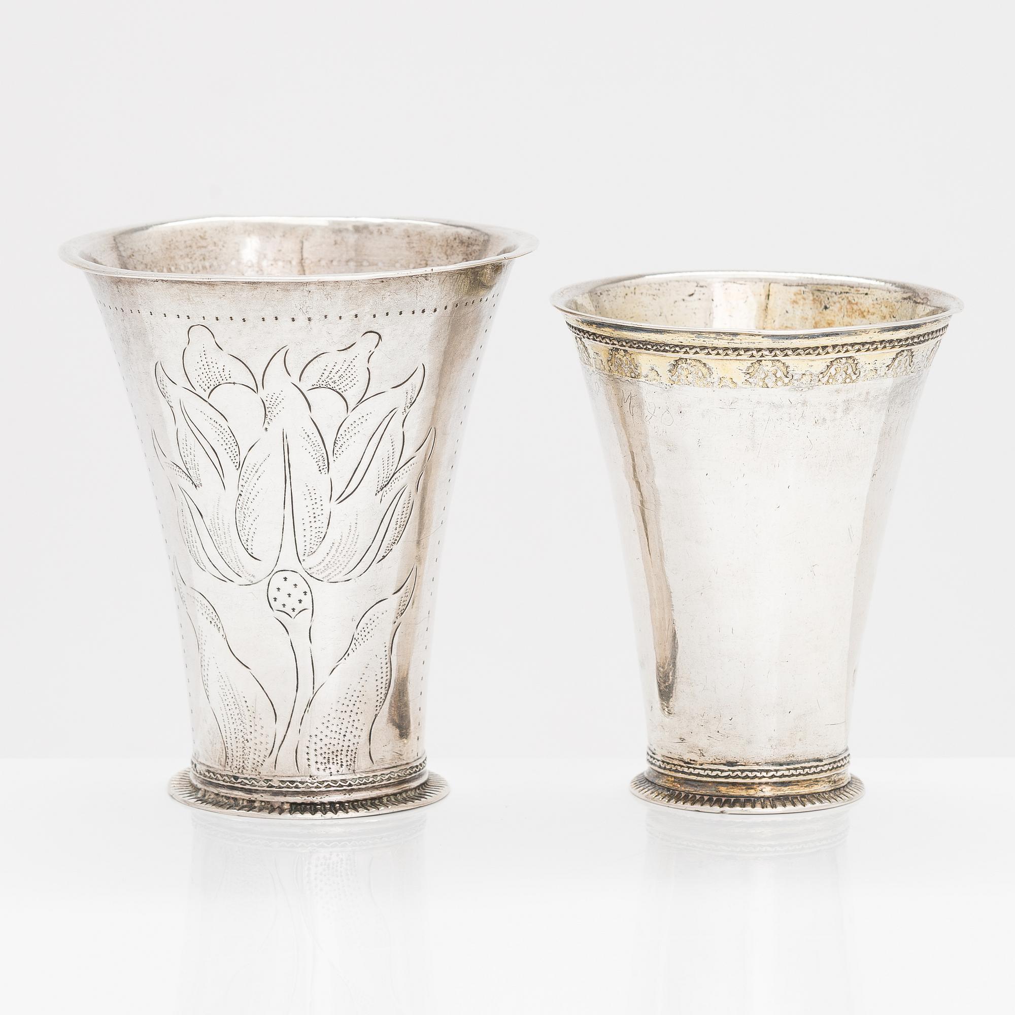 Two 18th-century Swedish silver beakers, Petter Zettersteen 1712-44 and Nils Orstedt, 1756.