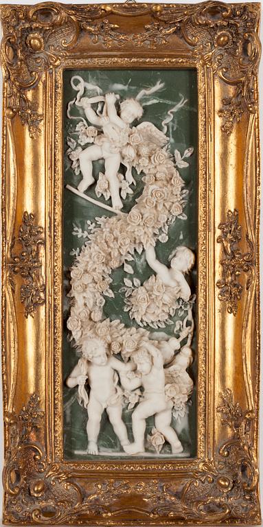 A late 20th century alabaster relief in gold plated frame.