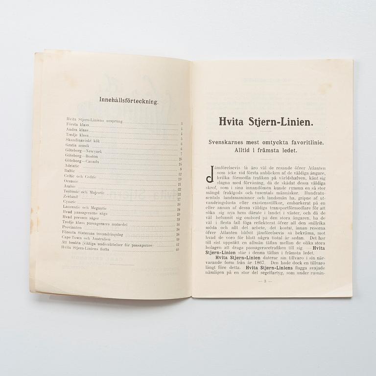 BROCHURE. "HVITA STJERN LINIEN", GENERAL AGENT CARL ERIKSSON, POSTGATAN 34, GOTHENBURG.
