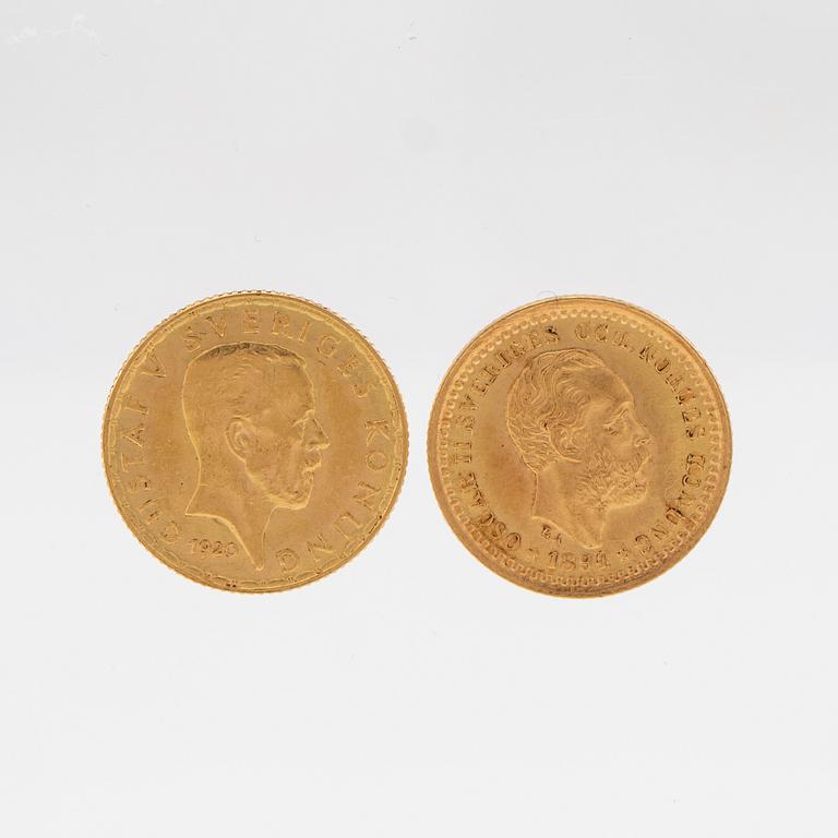 Gold coins 2 pcs 5 kronor Oscar II Sweden and Norway 1894 and Gustaf V Sweden 1920.