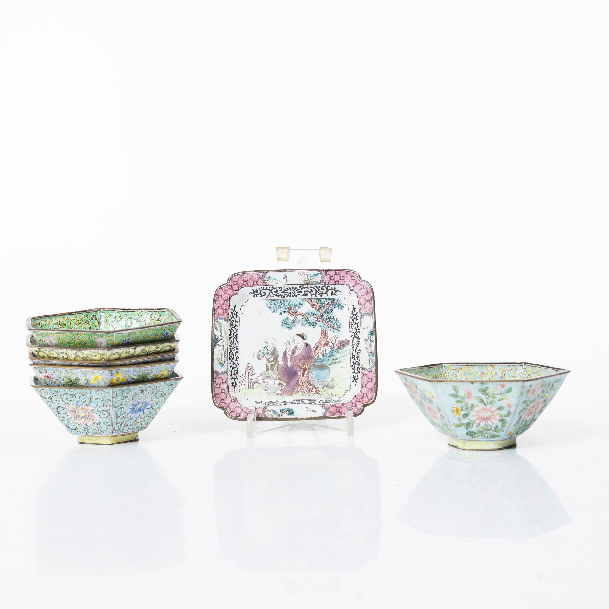 A set of six Chinese enamel on copper bowls and a dish, Qing dynasty and 20th century.
