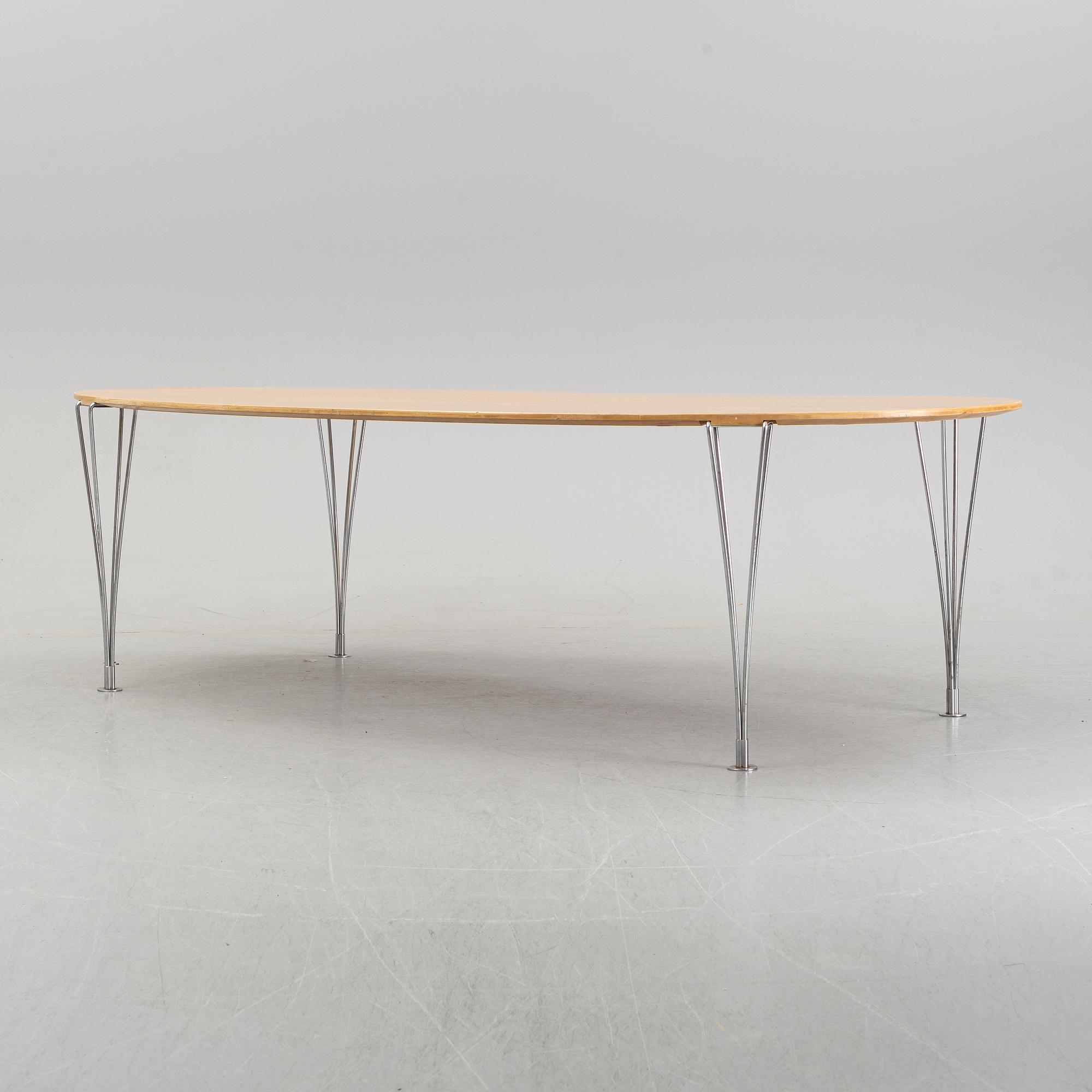Piet Hein & Bruno Mathsson. A dining table "Super ellips", table top in birch. Labeled. Fritz Hansen.