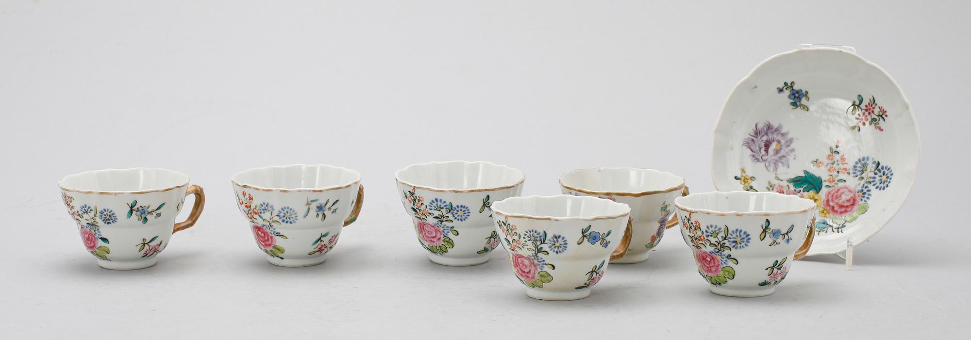 TEKOPPAR, 6 st samt 1 FAT, porslin, Kina, Qianlong (1735-1796).