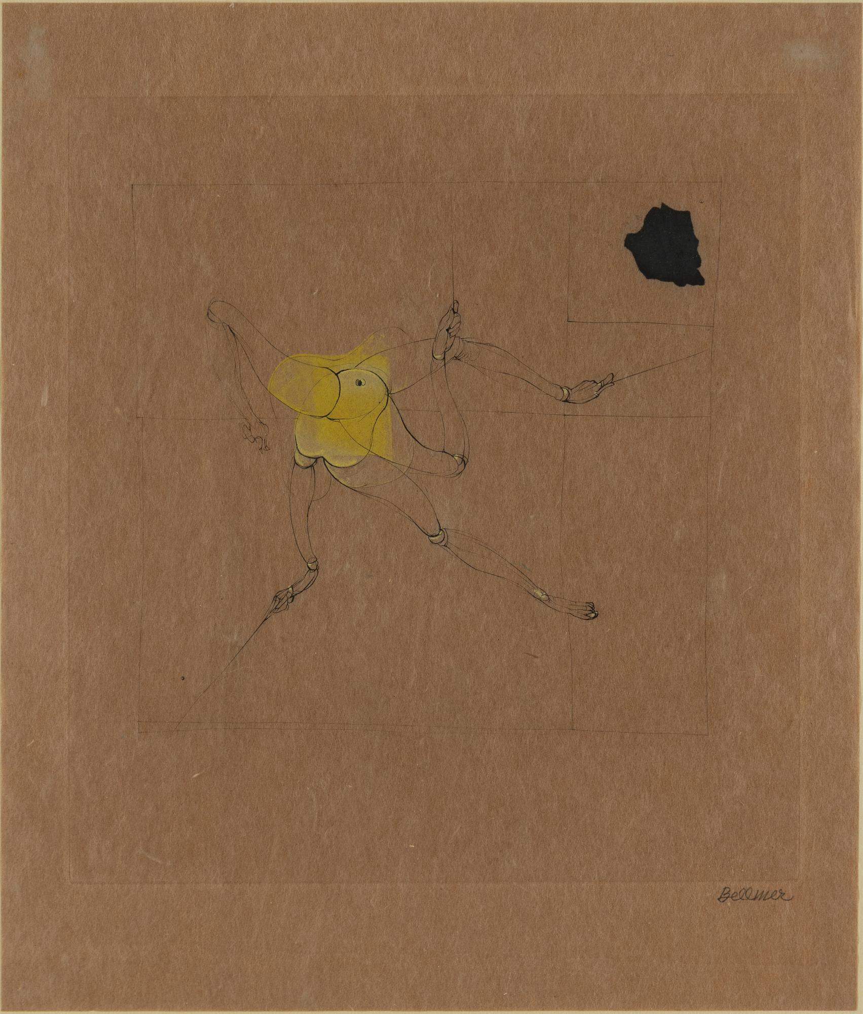 HANS BELLMER, torrnål och akvarell på brunt papper, 1969, signerad med blyerts.