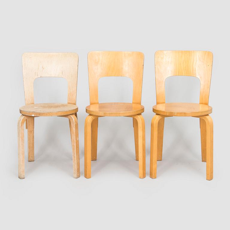 Alvar Aalto, stolar, 3 st, modell 66, Artek 1970/1980-tal.