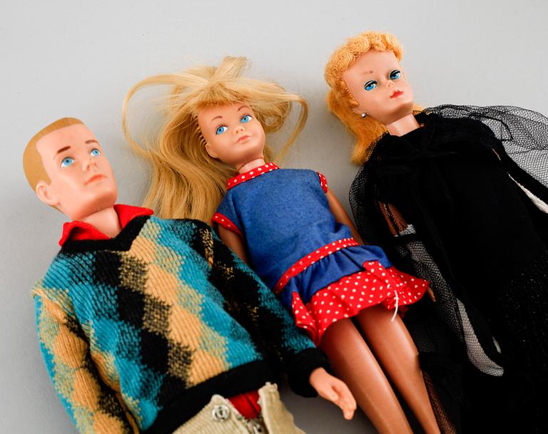 Three 1960s Barbie dolls with accessories, Mattel.