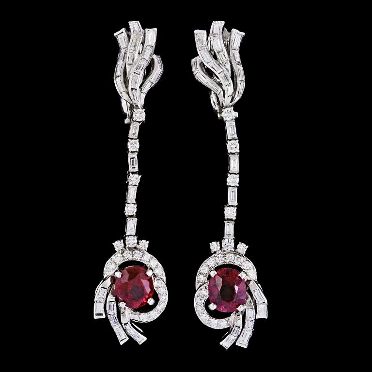 A pair of ruby and diamond earrings, tot. app. 6 cts, resp. 3.5 cts. 1940's.