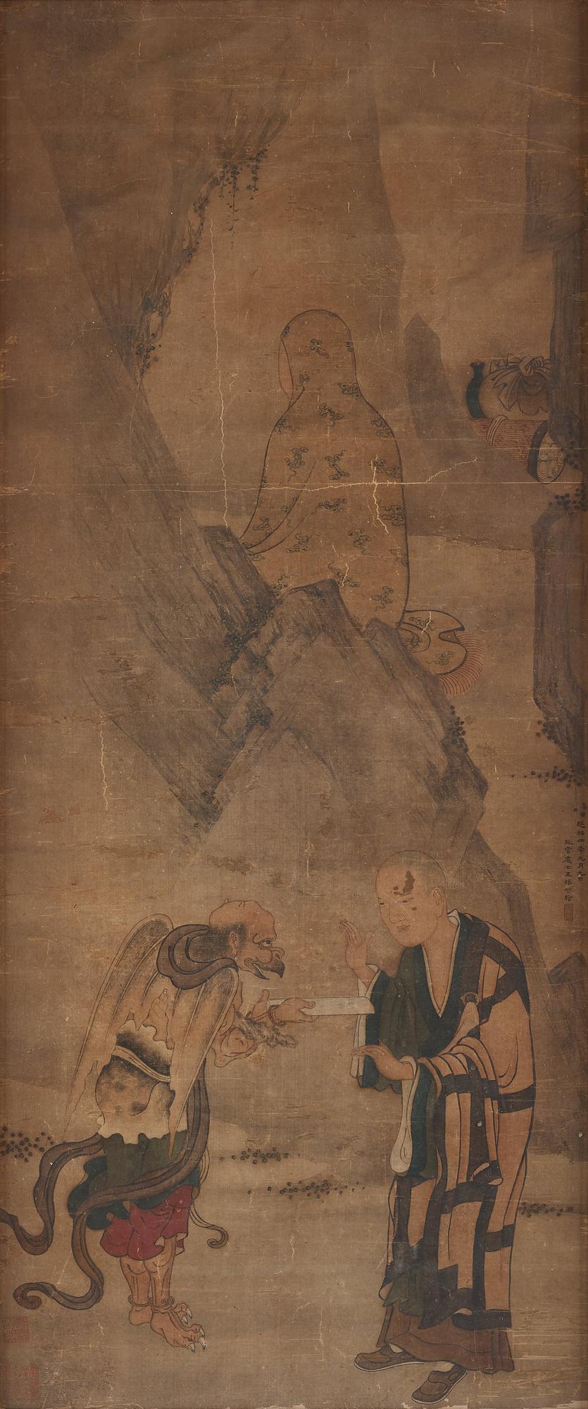 A Japanese Kakiemono, ink and watercolour on silk, Edo period.