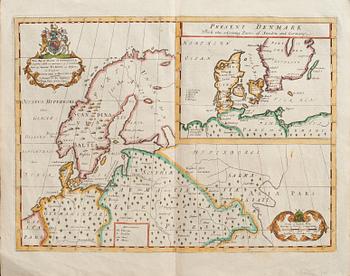 KARTA, handkolorerad, "A new map of  Ancinet Scandinavia"Dedicated to his Highnefs William Duke of  Clocester", 1700-tal.