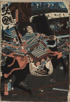 UTAGAWA KUNIYOSHI (1797/98-1861), färgträsnitt, triptyk. Japan, 1800-tal.