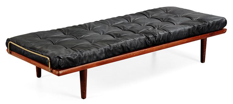 A Hans J Wegner oak and black leather daybed, Getama, Denmark 1950's-60's.