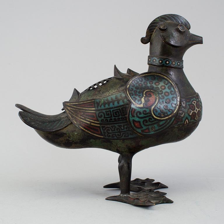 A Japanese bronze and cloisonné censer in the shape of a bird, 20th Century.