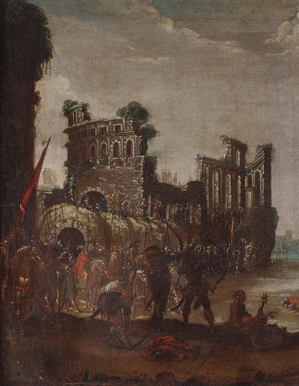 Italian artist, 17th Century. Battle on the outskirts of Rome.