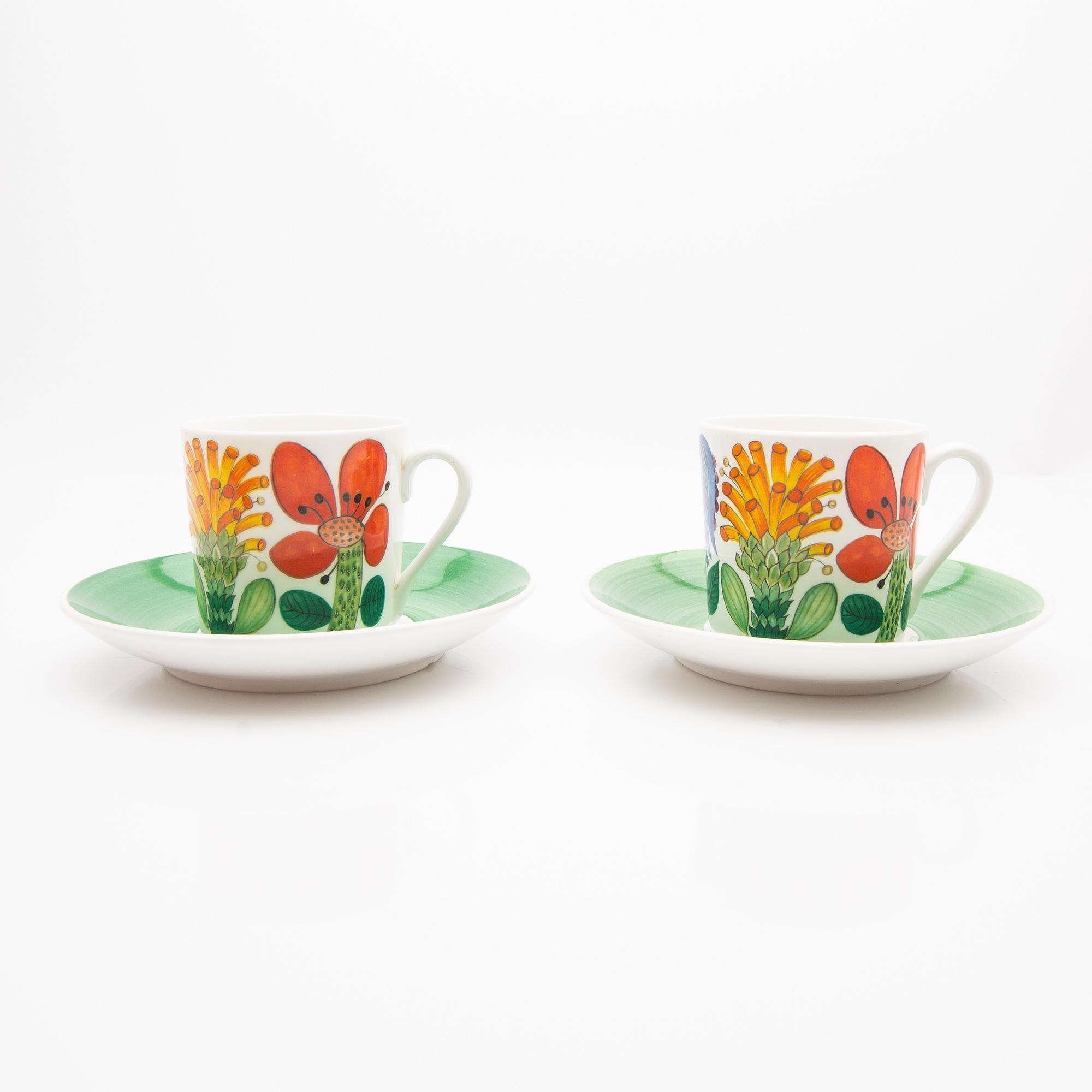 Stig Lindberg, Coffee cups with saucers, 12 pcs, + 2 saucers, "Tahiti", Gustavsberg, 1970s.