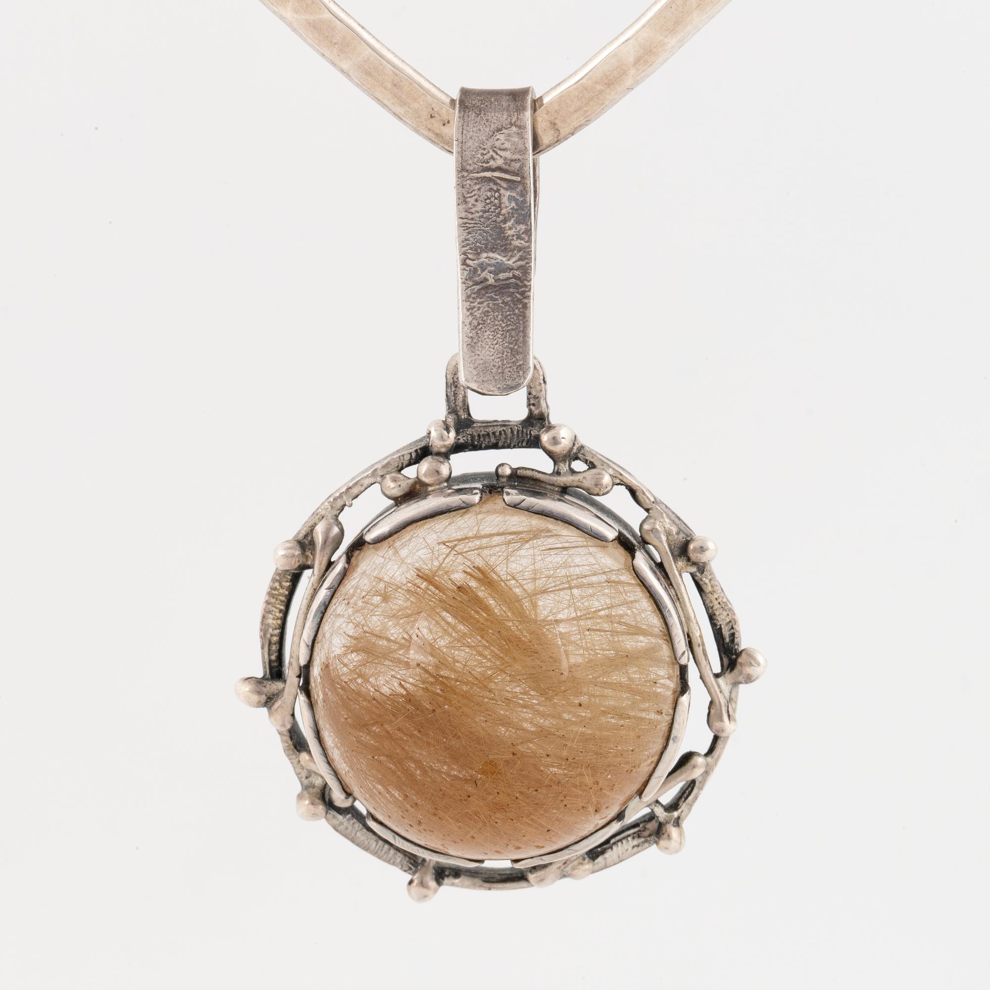 Bangle and pendant silver with cabochon cut rutile quartz, Klintz, necklace Alton.