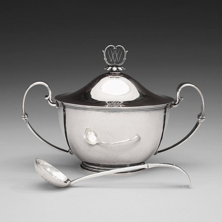 An Atelier Borgila sterling tureen with a sugar spoon, Stockholm 1935.