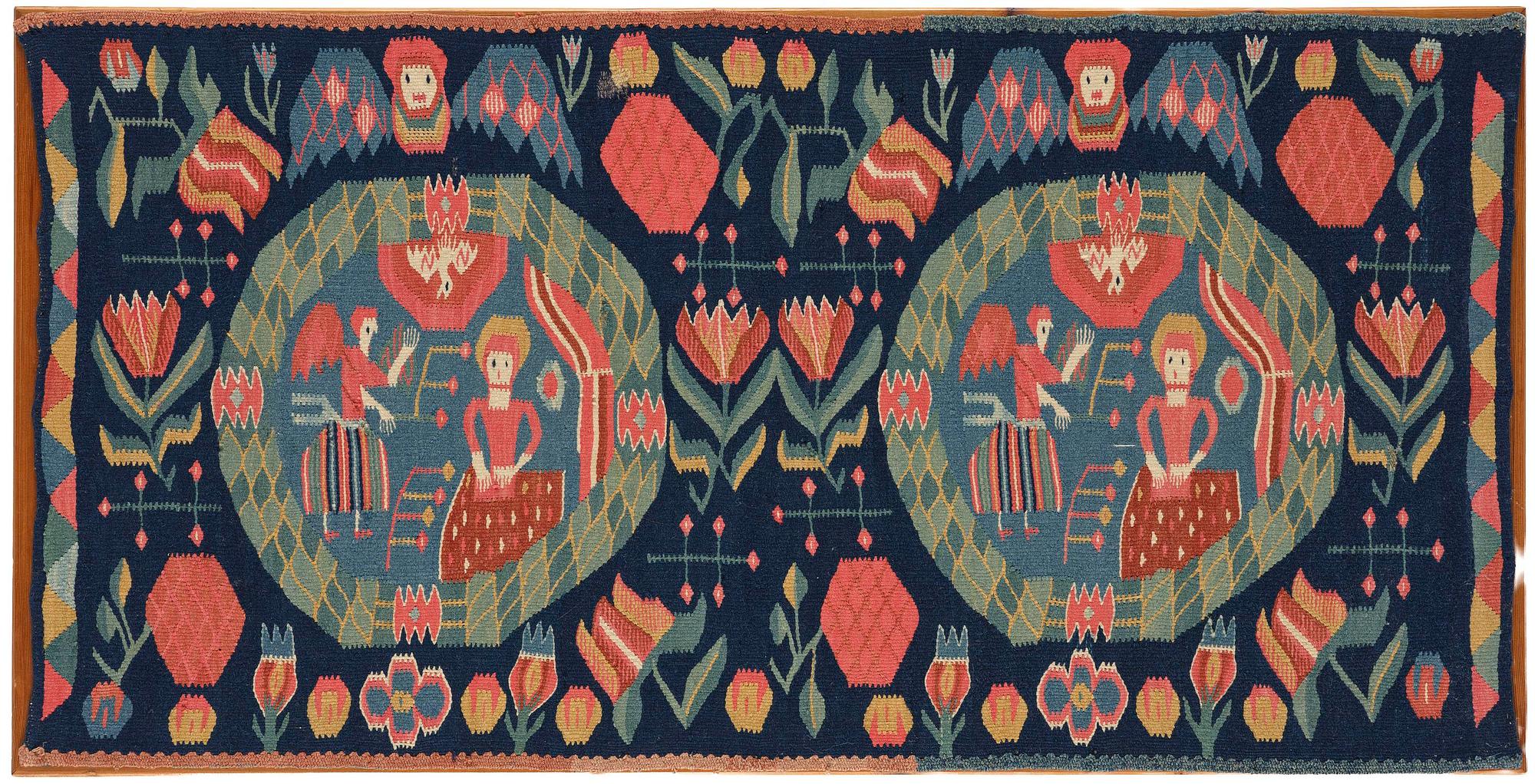 Åkdyna, "Bebådelsen", flamskväv, ca 104 x 52 cm, Skåne, 1800-1825.