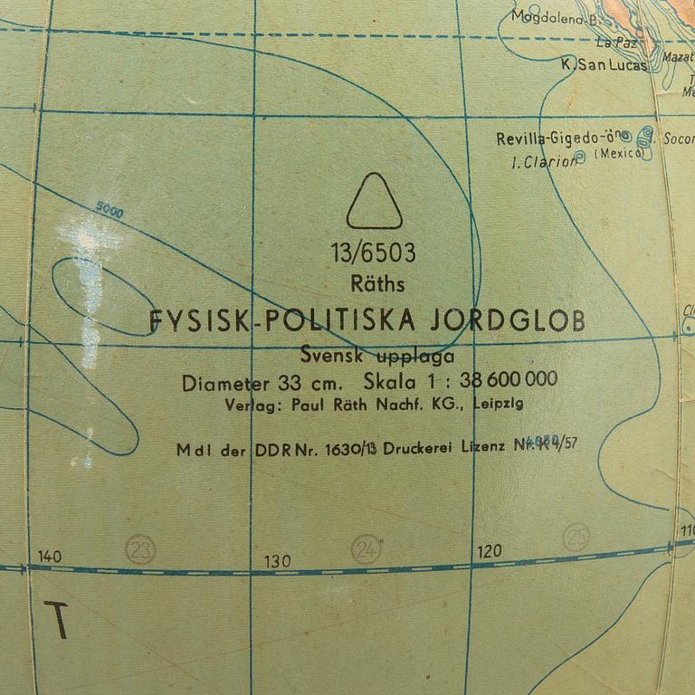 JORDGLOB, Räths Fysisk-politiska jordglob, 1900-talets mitt.
