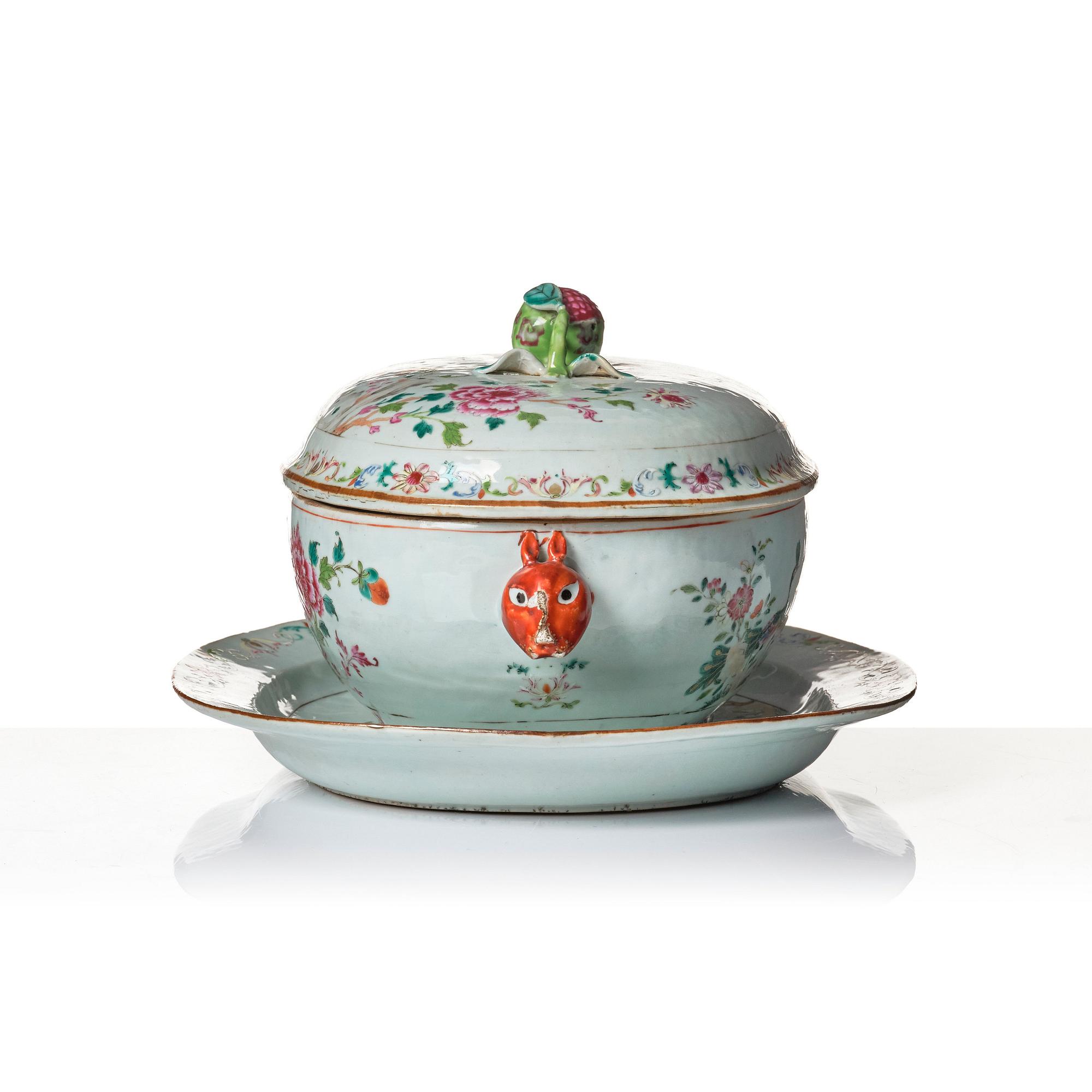 A famille rose 'double peacock' tureen with cover and stand. Qing dynasty, Qianlong (1736-95).
