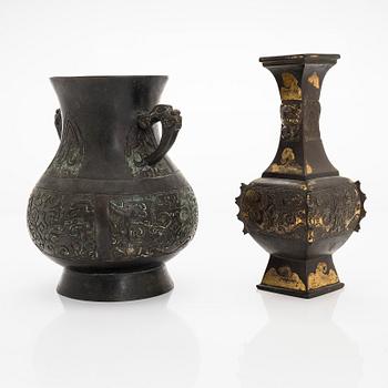 Two bronze vases, one late Qing dynasty and one 20th century.