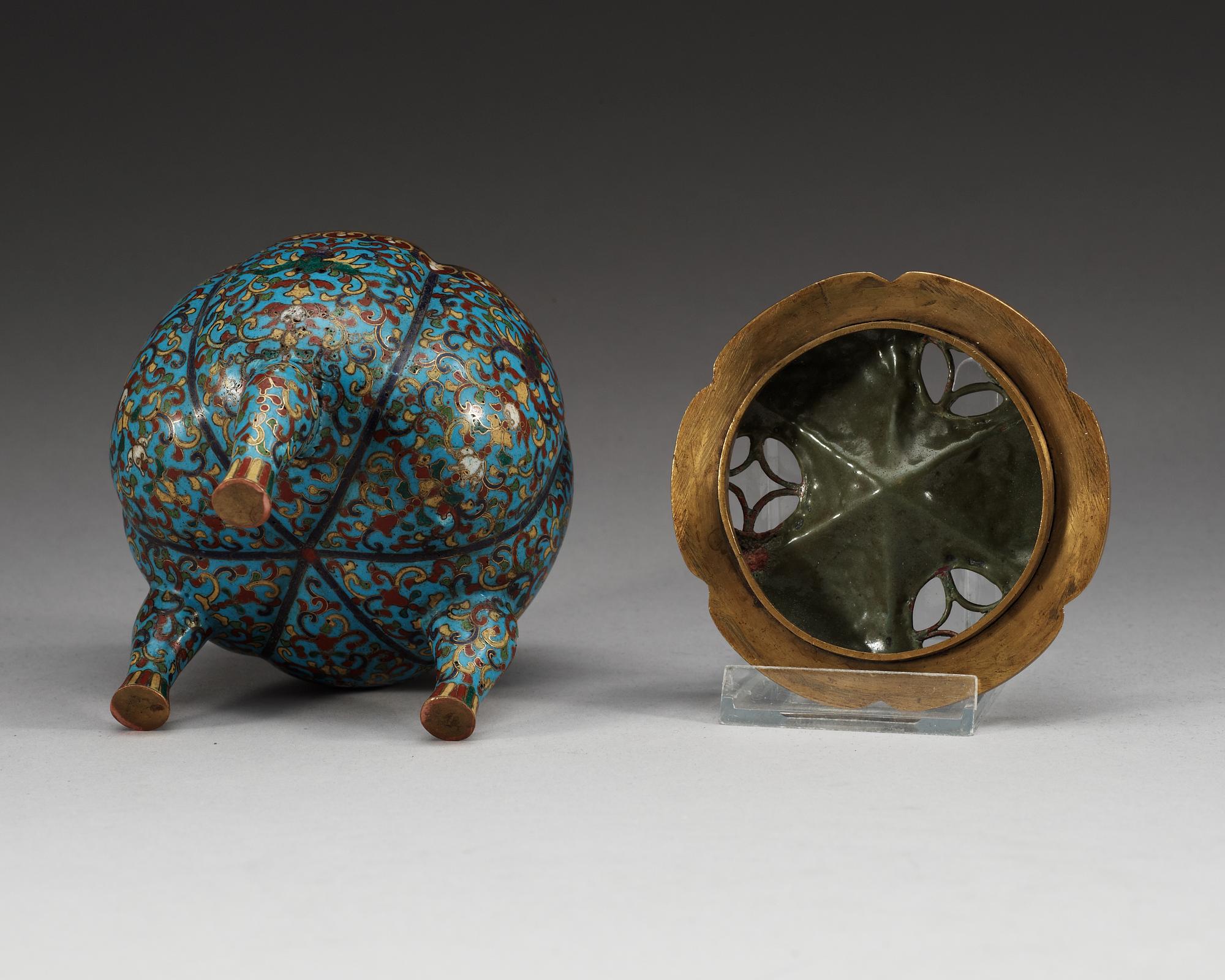 RÖKELSEKAR med LOCK, cloisonné. Qing dynastin, Jiaqing (1796-1820).
