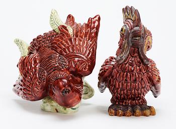 Two Gunnar Nylund stoneware figures, a rooster and a bird, Rörstrand.