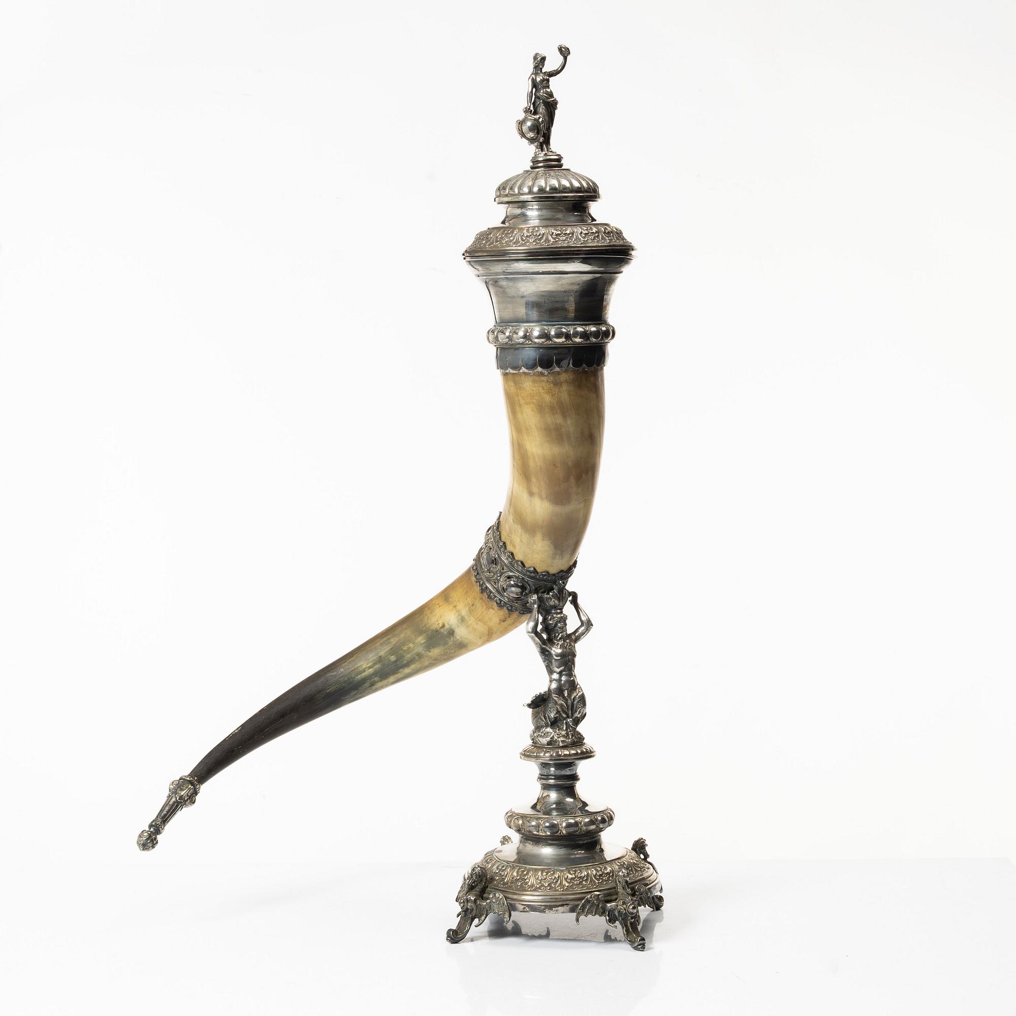 Drinking horn, silver plate, GAB, Stockholm early 20th century.