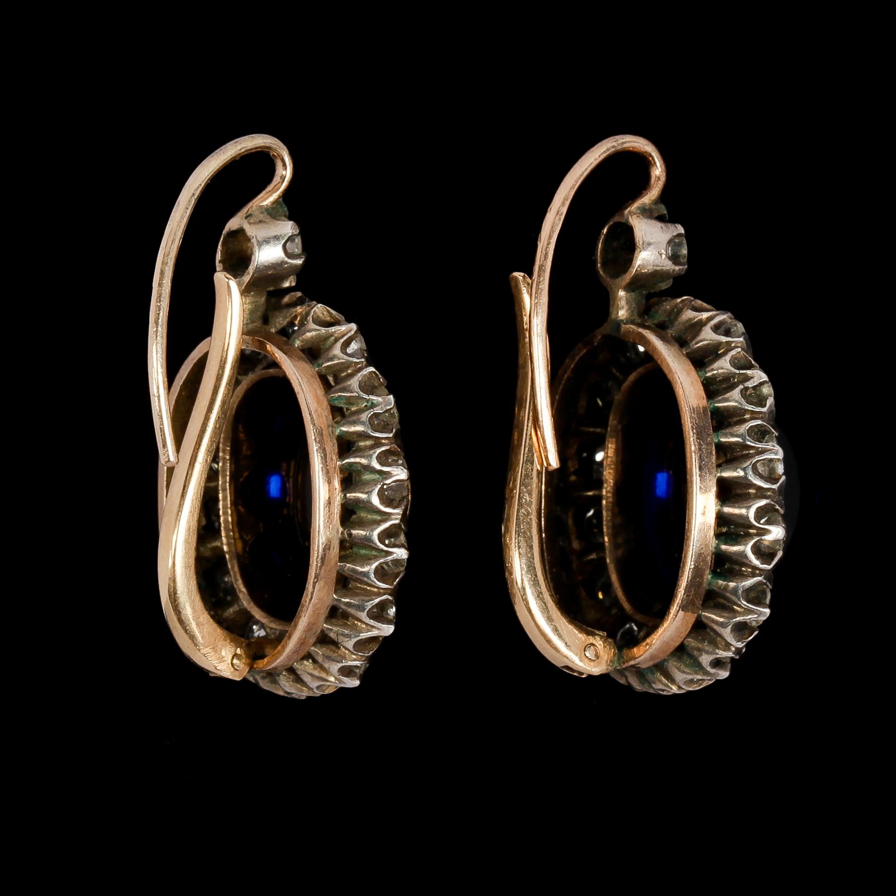 EARRINGS, antique cut diamonds, tot. app. 2.50 cts, set with blue glass stones.