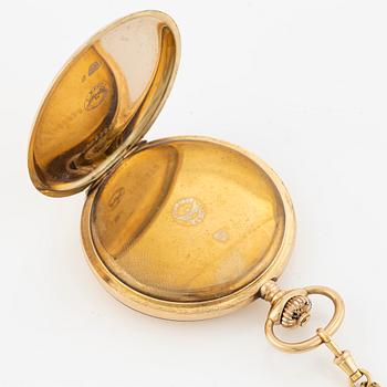 Longines, fickur, 14K guld, savonett, kedja i 18K guld, 51 mm.