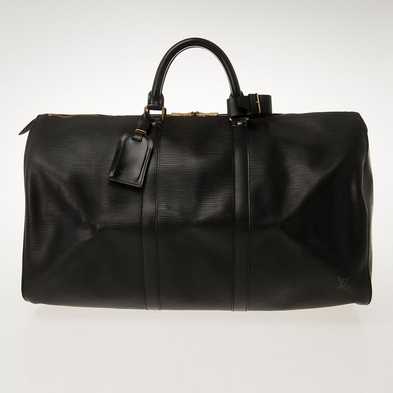 LOUIS VUITTON BLACK EPI LEATHER KEEPALL 50 TRAVEL BAG.