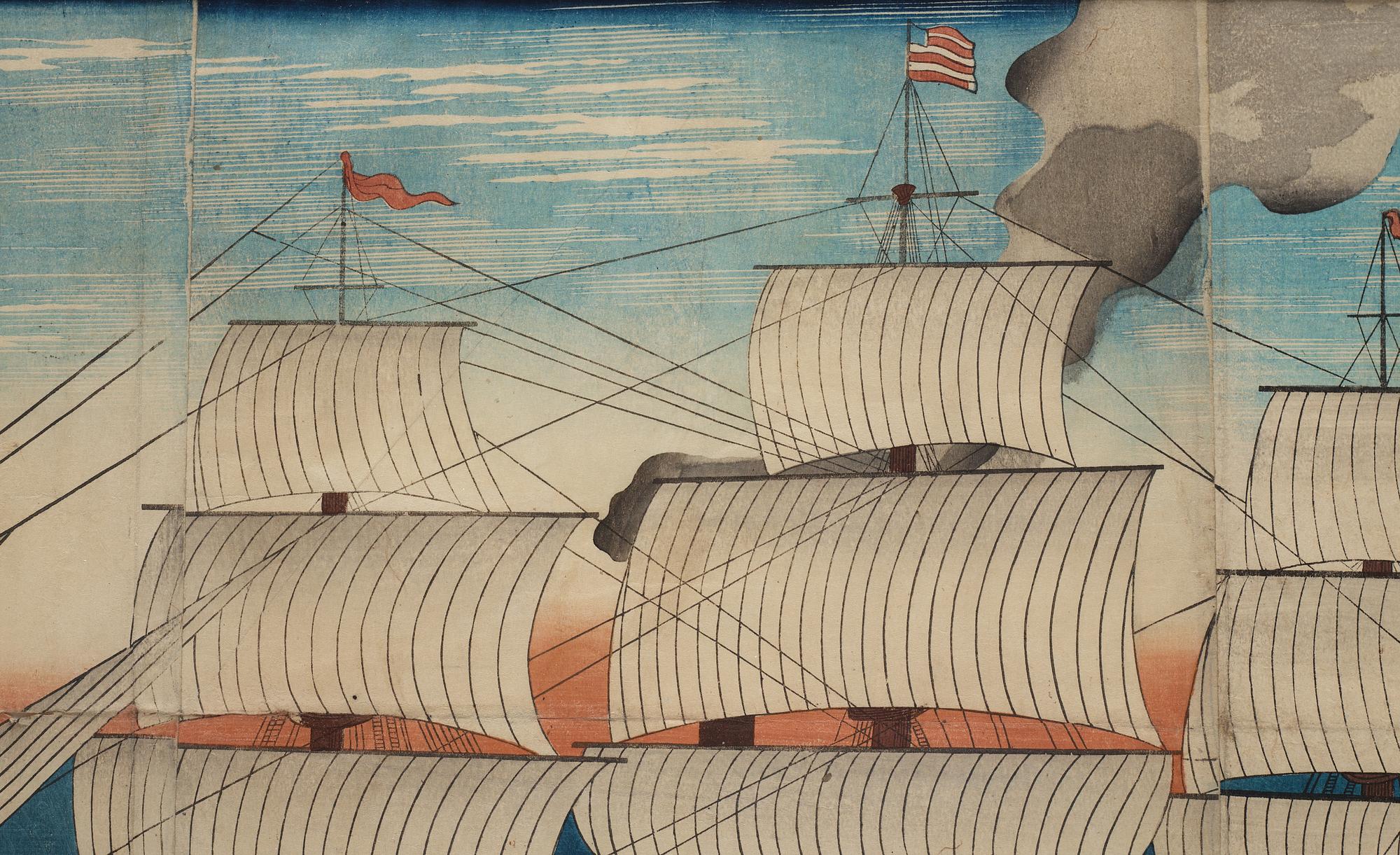 YOSHIKAZU (act.1850-1870), triptych, color woodblock print. Japan, 1861.