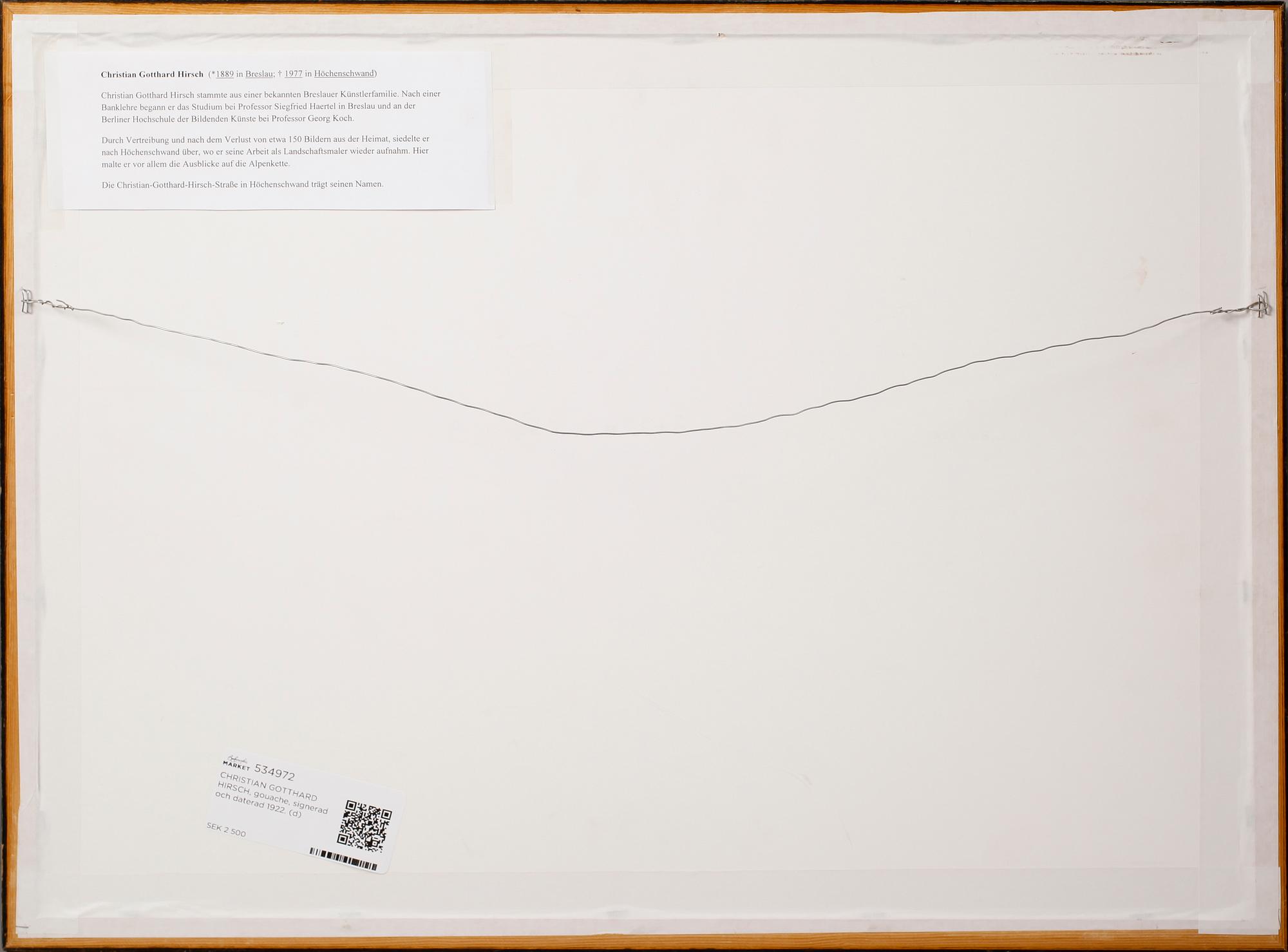 CHRISTIAN GOTTHARD HIRSCH, gouache, signerad och daterad 1922.